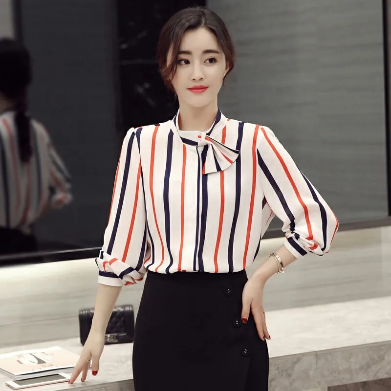 2017 Spring Standing Collar Color Vertical Striped Shirt Female ...
