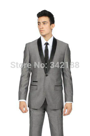 FREE shipping/Latest Design One Button Gray Groom Tuxedos Shawl Satin Lapel Best Man Groomsman Men Wedding Suitswedding men clot