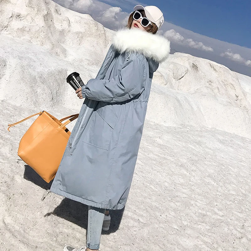 Женское зимнее новое длинное хлопковое пальто с капюшоном и меховым воротником, повседневная хлопковая куртка, свободное теплое хлопковое пальто большого размера LQ050