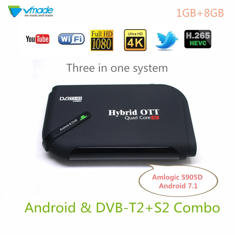 Vmade новые Andriod и DVB T2 S2 комбо ТВ приемник Amlogic S905D 4 ядра 1 ГБ 8 ГБ Поддержка YouTube H.265 MPEG-1/2/4 Декодер каналов кабельного телевидения