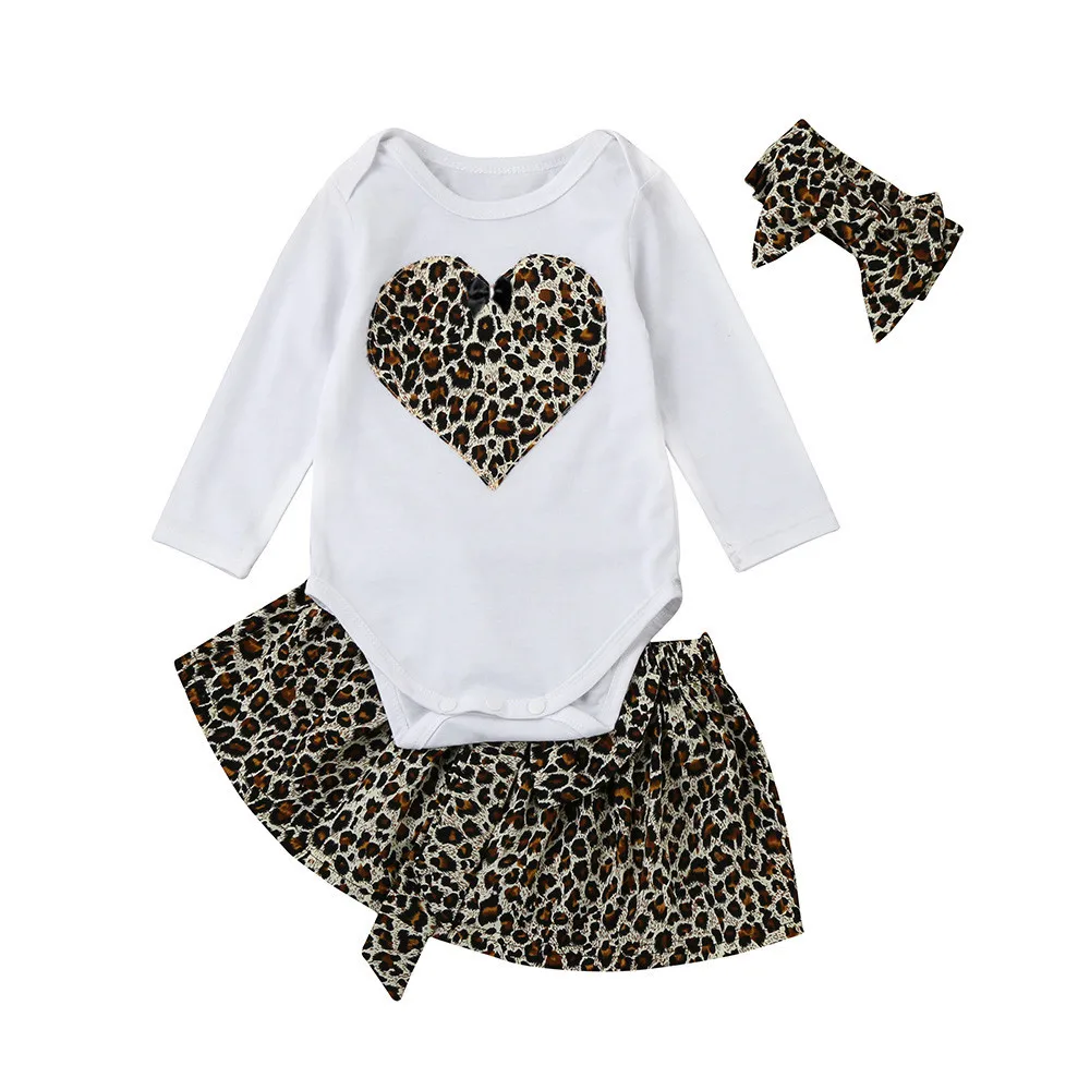 

Fashion Children Clothing Set Cotton Long Sleeve O-neck Heart Romper Tops+Leopard Skirt Headband Kids Beautifully Clothes Sets