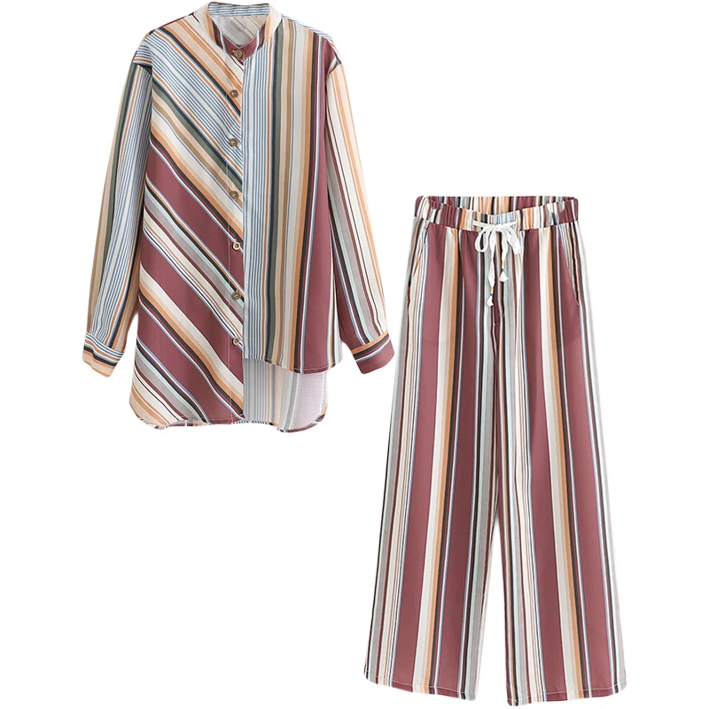 

Women's Set Summer 2019 Retro Stripe Printed Irregular Long-sleeved Shirt Blouses Wide leg Pants Suit Tops Two Pieces Set