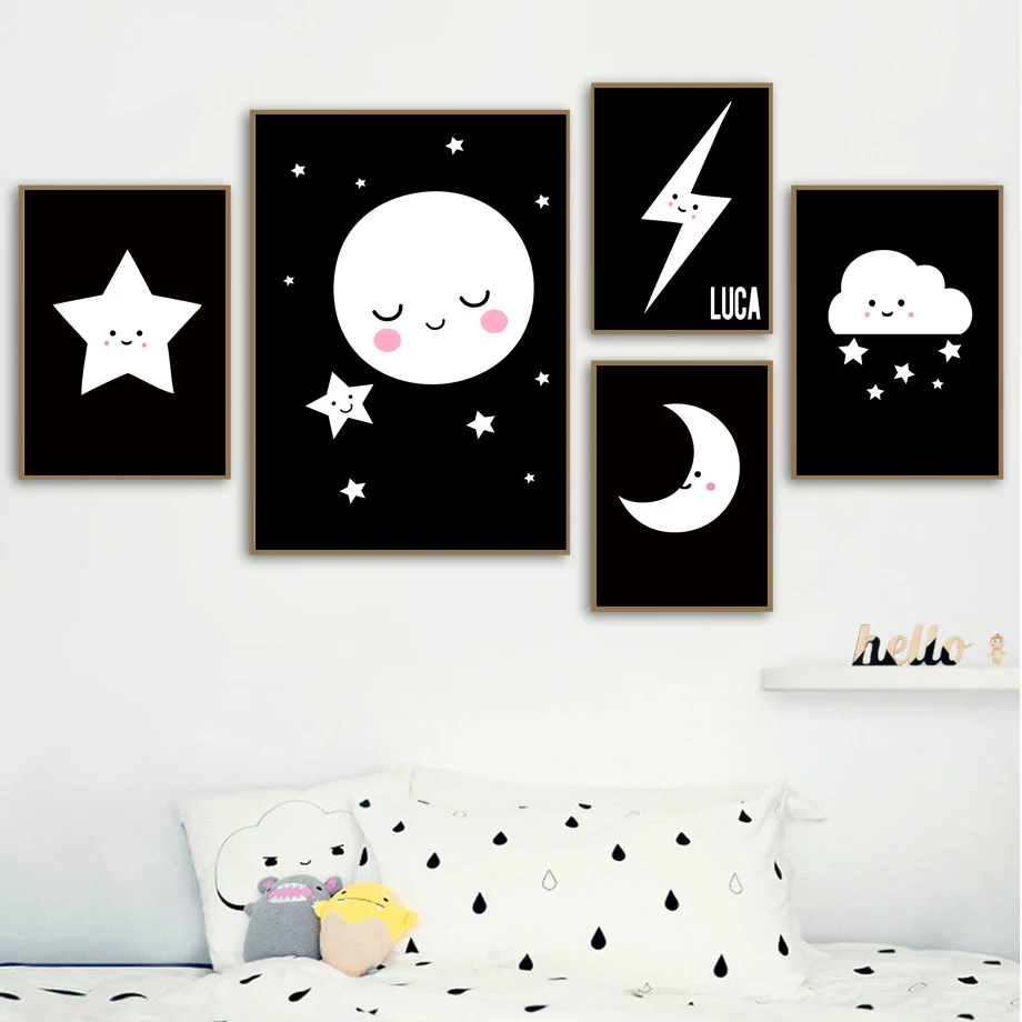 Moon Cloud Star Lightning Wall Art Canvas Painting Posters And Prints Black White Cartoon Pictures For Baby Kids Room Decor | Дом и сад