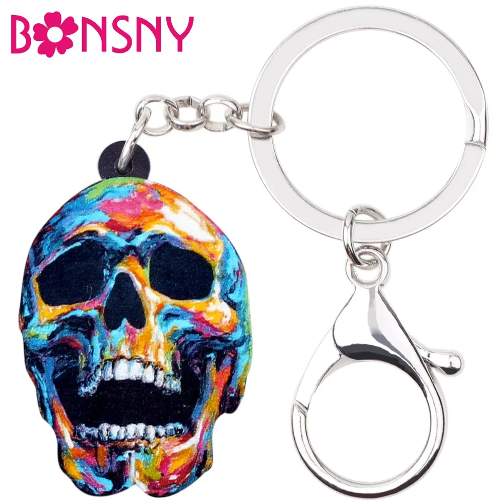 Bonsny Acrylic Halloween Floral Punk Skull Skeleton Key Chains Keychain