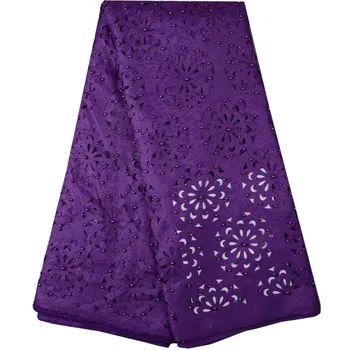 

Hot sale nigerian guipure cord swiss voile lace with rhinestones african lace fabrics for dress 5yards purple color