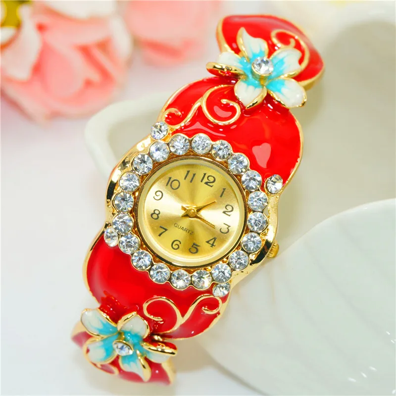 

Women Brand Luxury Crystal Bracelet Gold Dress Watch Folk Style Lady Gold Bangle Enamel Diamond Bracelet Quartz Wristwatch