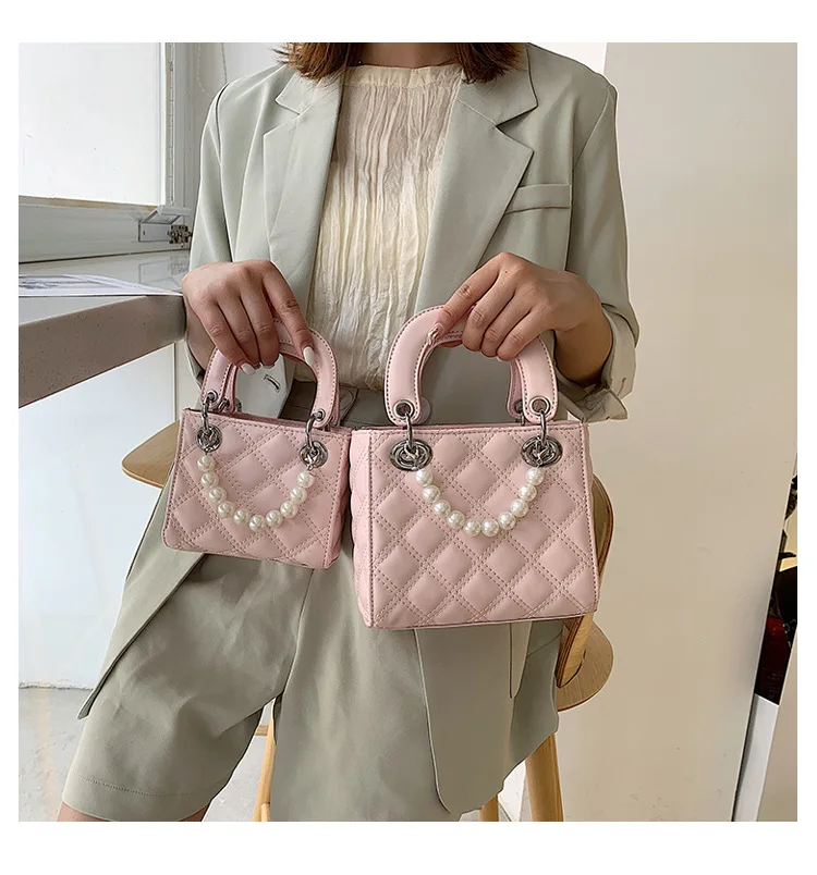 Новая модная жемчужная женская маленькая сумочка с квадратной цепочкой, клетчатая сумка для мамы и ребенка, женская брендовая дизайнерская сумка через плечо