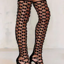 Новые модные женские сапоги-гладиаторы выше колена с открытым носком, черный шип дизайнерские высокие сапоги на высоком каблуке с вырезами модельные туфли