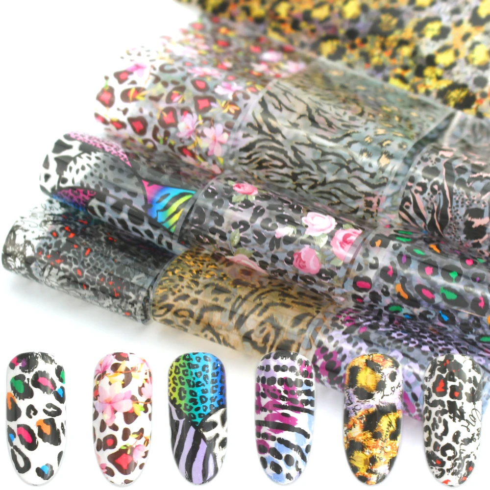 

10Pc/Set Nail Art Foil Colored Leopard Design Transfer Stickers On Nails Holographic Decal Slider Mix DIY Manicure Decoration