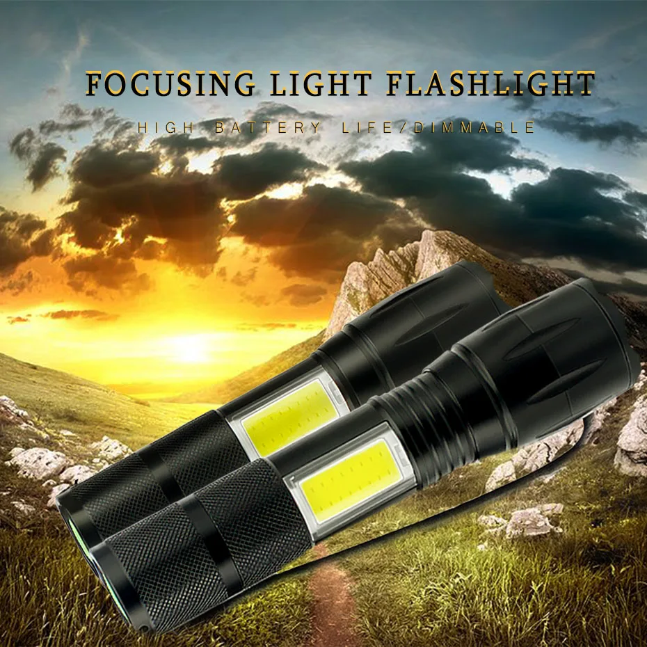 Светодиодный светильник-вспышка с боковой панелью, дизайн лампы T6, 2000 люмен, масштабируемый светодиодный фонарь, светильник-вспышка, алюминиевый, 4 режима, светильник для аккумулятора 18650