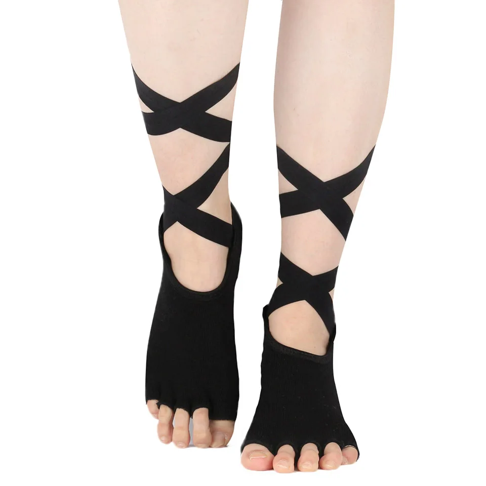 1 пара, носки для йоги, Хлопковые женские нескользящие носки для пилатеса, с ремешками, с половинчатым носком, для девочек, для танцев, балета, Barre, Bikram, для тренировок