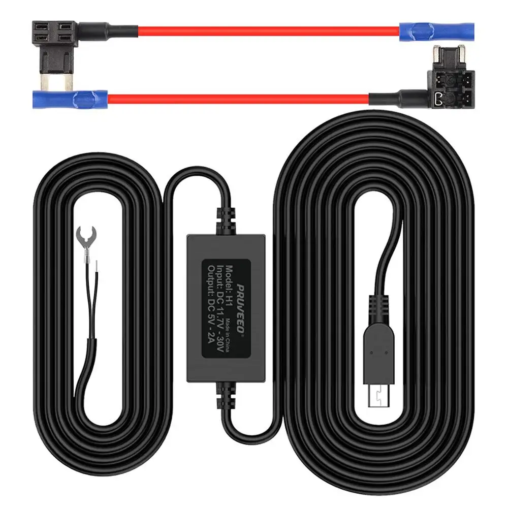 

Pruveeo Hard Wire Kit for Dash Cam with 2 Fuse Tap Cable, Mini USB Port, 12V to 5V, DC 12V - 30V Car Charger Cable Kit