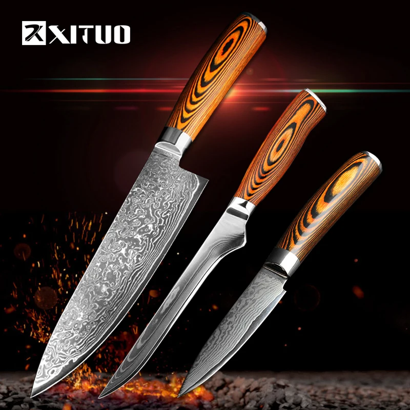  XITUO 3 pcs kitchen knives set Japanese Damascus steel kitchen knife VG10 chef boning Paring Santok - 32812599631