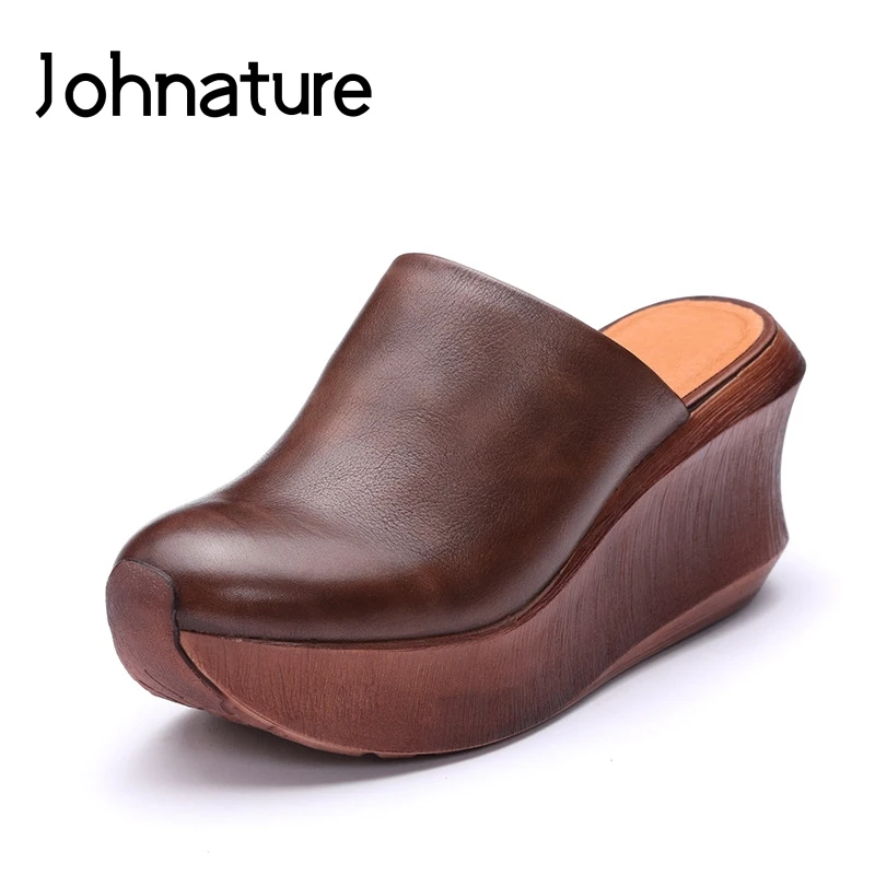 

Johnature Genuine Leather Solid 2019 New Summer Slippers Outside Platform Sandals Wedges Slides Handmade Retro Women Shoes