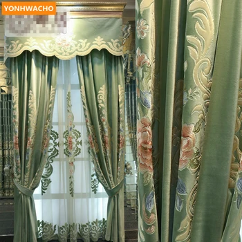 

Custom curtains American pastoral velvet living room pastoral embroidery green cloth blackout curtain tulle valance drape B416