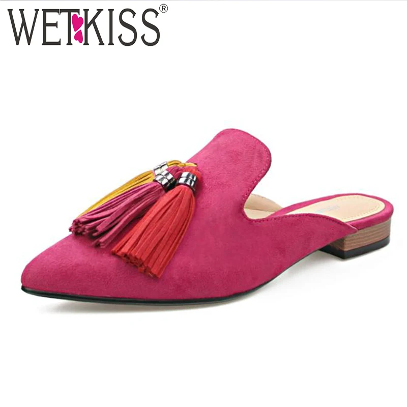WETKISS/женские шлепанцы на низком каблуке с кисточками женские острым носком