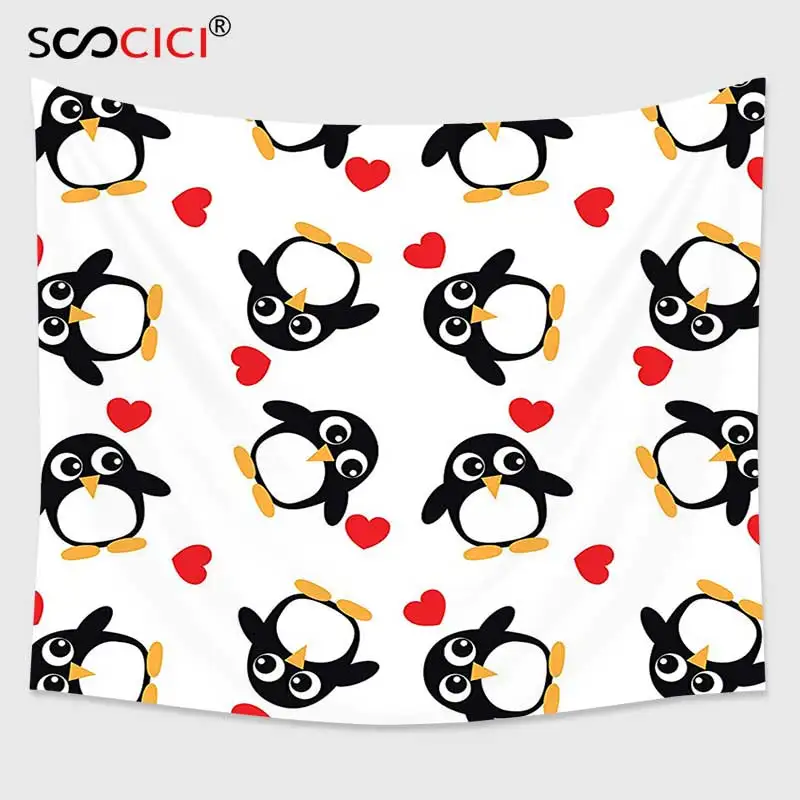 Cutom Tapestry Wall Hanging Sea Animals Decor Penguins With Heart Shapes Lovely Sweet Romantic Valentines Day | Дом и сад