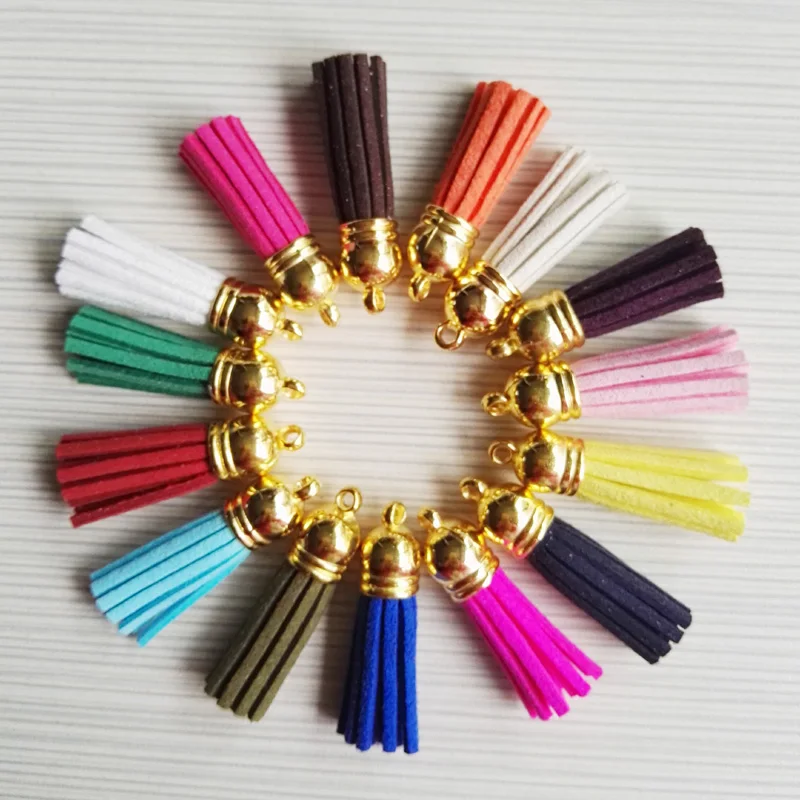 

Wholesale 38mm Mixed Suede Leather Tassel,100pcs gold Color cap tassel For Keychain/bags Straps Jewelry Charm Diy Accessories