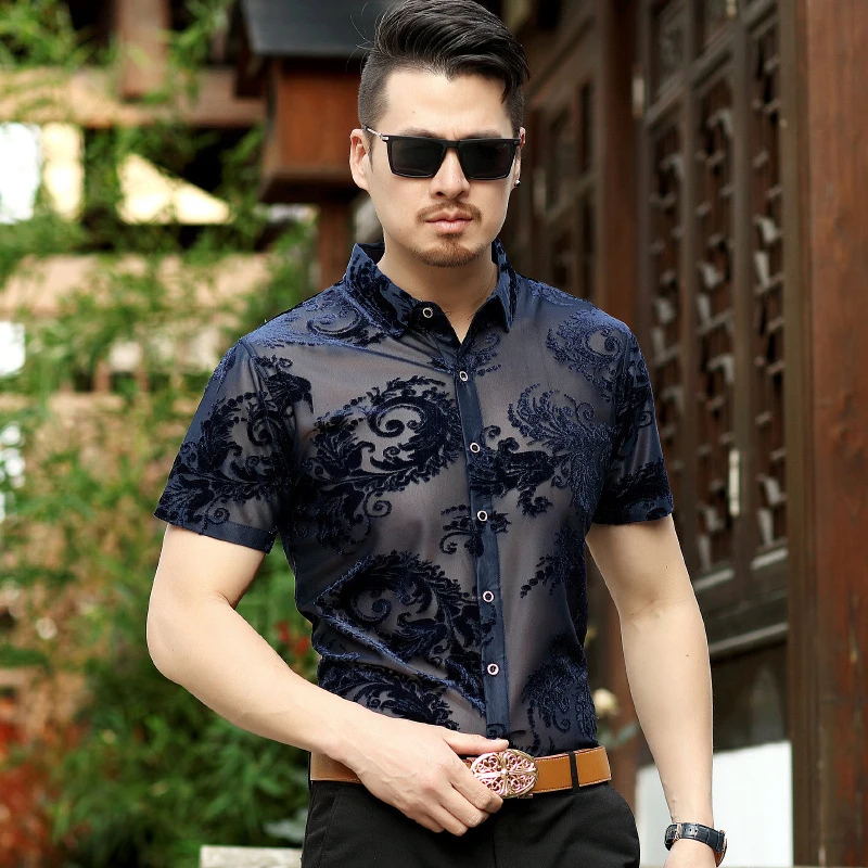 JOOBOX цветок See Through короткий рукав лето Сексуальная Пром прозрачная рубашка Camisa Masculina Chemise Homme Размер 3XL рубашка платье рубашка