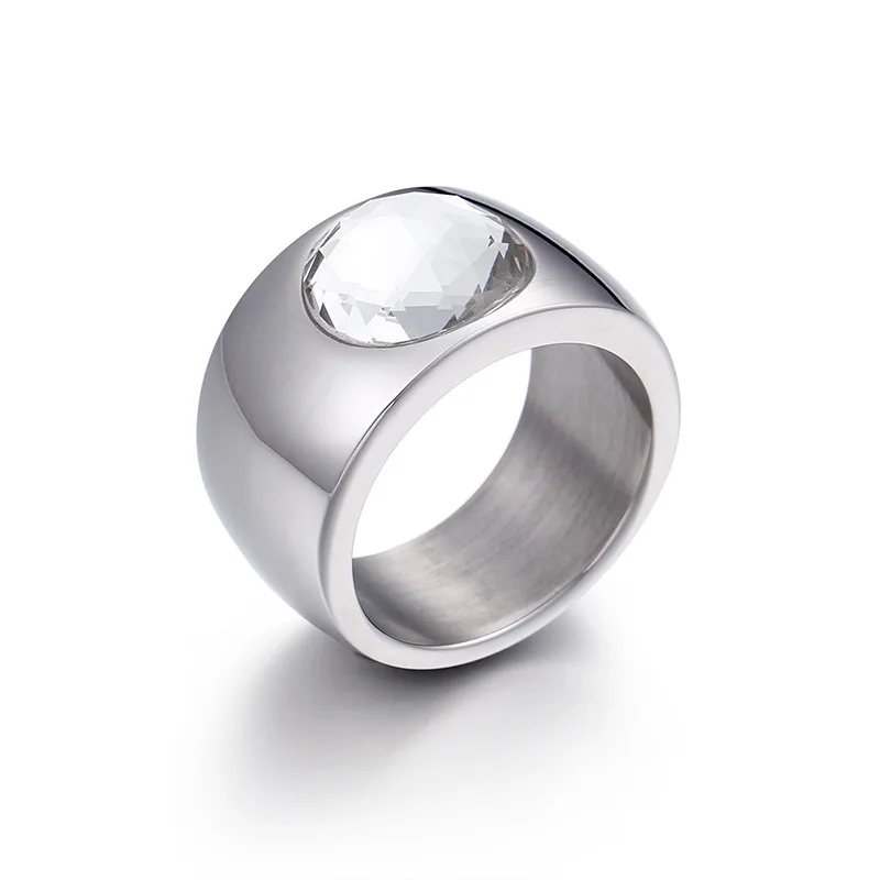 Trendy Crystal Round Female Ring 10MM Wide Ring New Arrival Stainless Steel Women Cocktail Ring Jewelry Engagement Ring