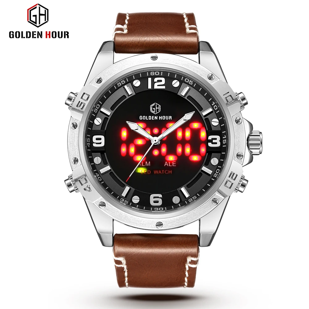 GOLDENHOUR Sport Uhren Männer Quarz Analog LED Leder Militärische Wasserdichte Uhr geschenk_voghion.com