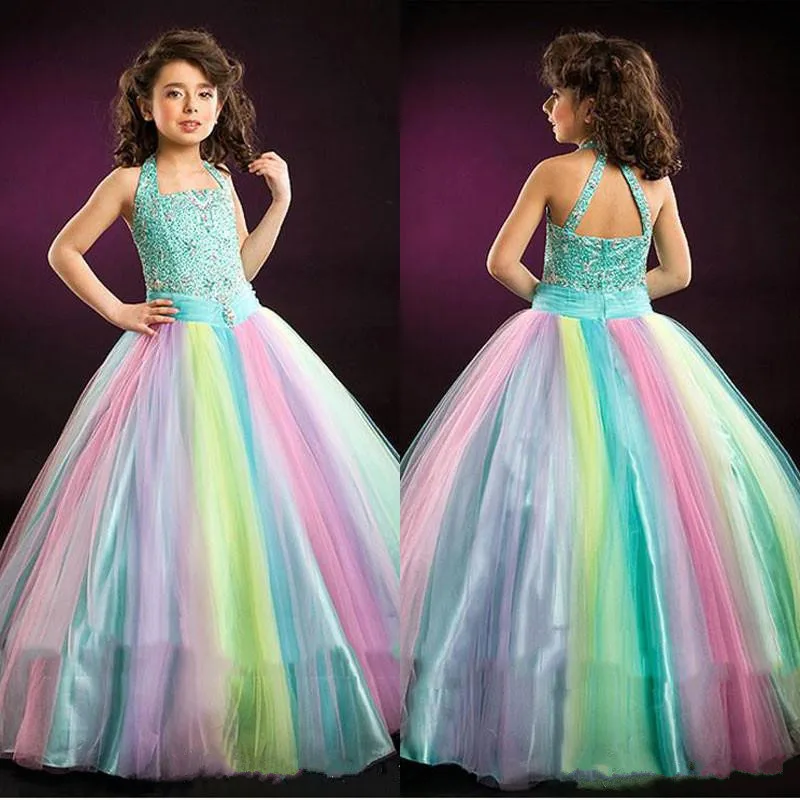 

Rainbow Glitz Girls Pageant Dresses Halter Neck Crystal Sleeveless Kids Ball Gowns Floor Length Teens Girls Prom Dress