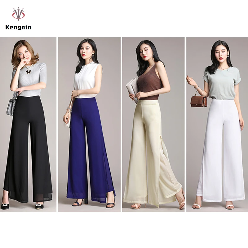 Summer 2020 Wide Leg Women Pants Chiffon High Ladies Trousers Loose Double Layers Split Pants Elegant Dance Capris Plus Size 4XL Summer 2020 Wide Leg Women Pants Chiffon High Ladies Trousers Loose Double Layers Split Pants Elegant Dance Capris Plus Size 4XL