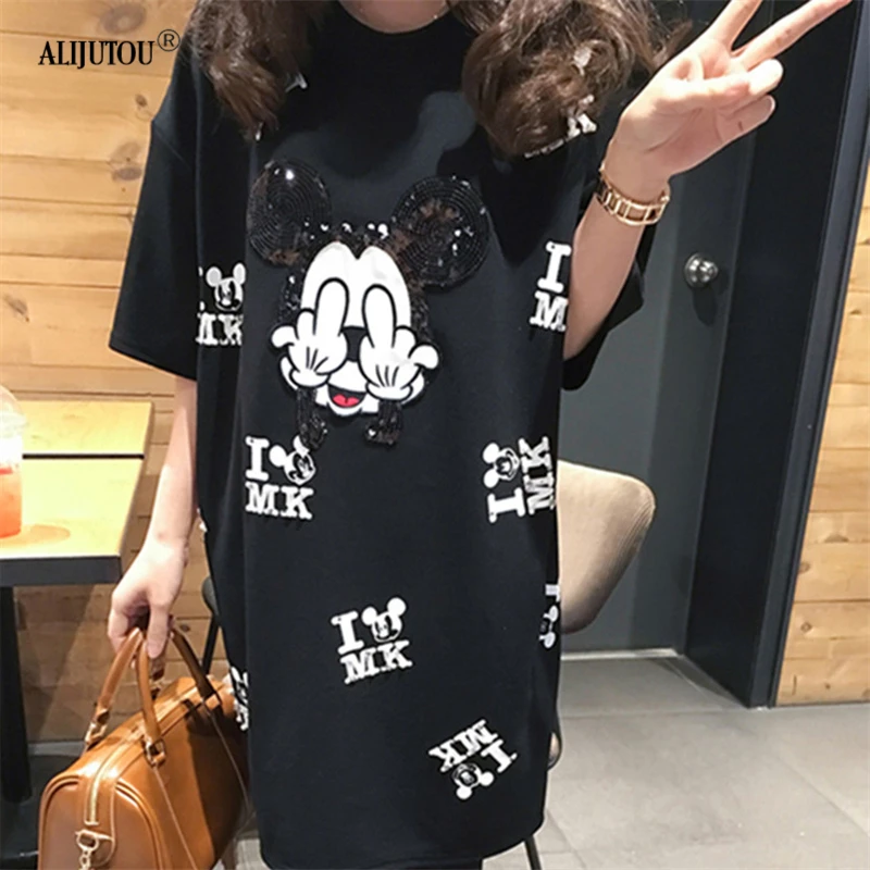 

M-5XL Runway dress Short Sleeve Casual Sequins Mickey Cartoon Print Long Women Dress Femme Tops Oversize Black dress plus size