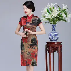 Новые летние женские с цветочным принтом Qipao Плюс Размеры шелк китайское традиционное платье воротник-стойка короткие Винтаж Cheongsam S-3XL