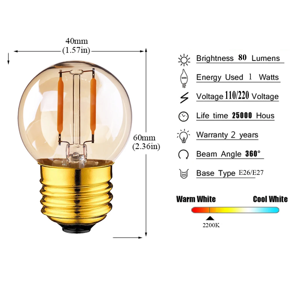 Золотой оттенок G40 мини-Глобус лампа 1 Вт 2200 K Edison старинная светодиодная нить лампочки E27 E12 220 V E26 110VAC Строка Светодиодный свет с регулируемой яркостью