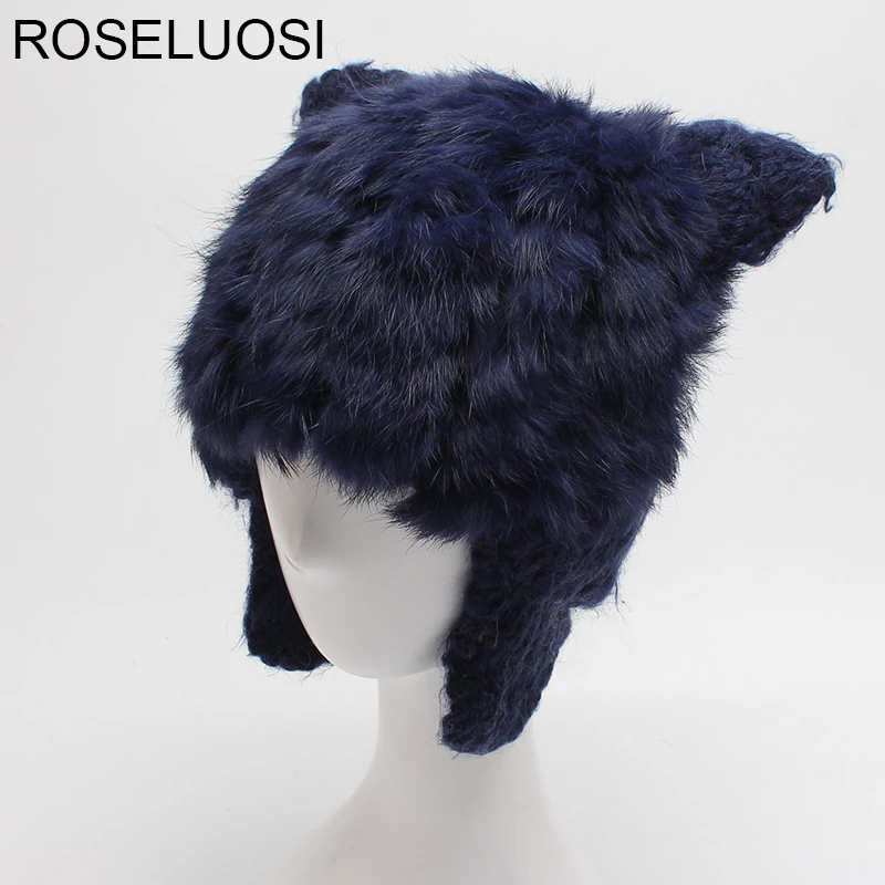 

ROSELUOSI 2017 Autumn Winter Hat For Women Real Rabbit Fur Knitted Beanies Hats With Ears Female Cute Solid Color Cap Gorras