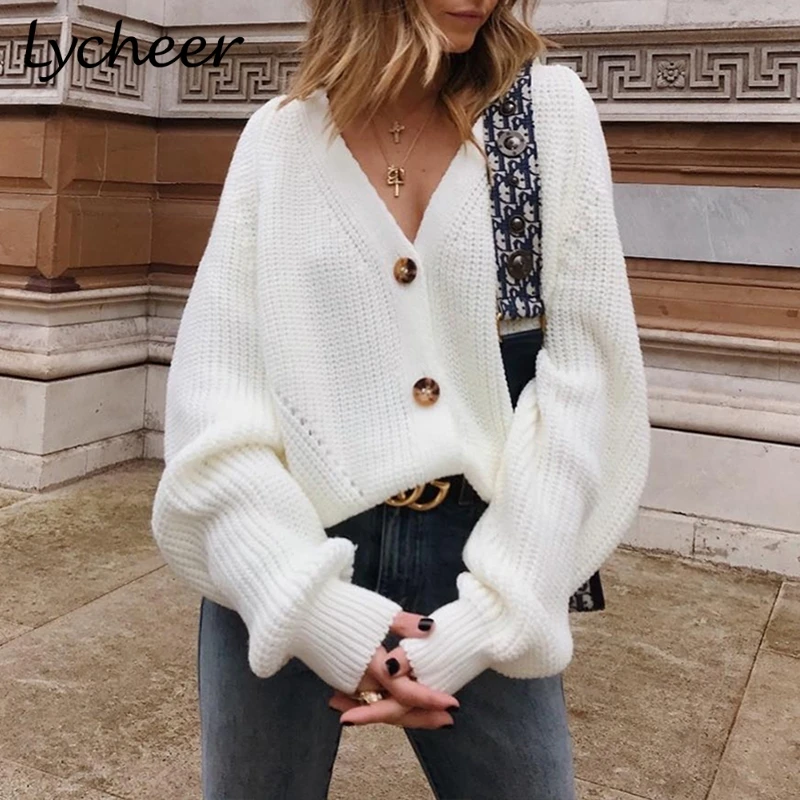 

Lycheer Plus size casual Lantern Sleeve Breasted Knitted Cardigan Women Female Autumn Coat Loose Winter Sweaters Jacket femenino