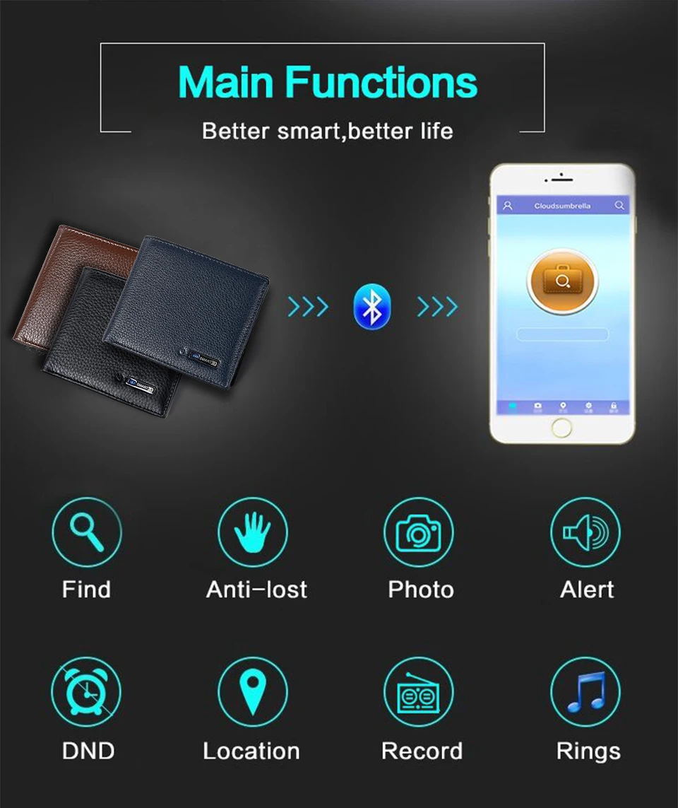 Гравировка, умный кошелек для мужчин, натуральная кожа, высокое качество, анти потеря, Интеллектуальный Bluetooth кошелек, мужской держатель для карт, Прямая поставка
