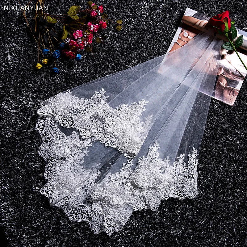 

2019 Hot Sale Two Layer White Ivory Tulle Bridal Veil Lace Edge Cheap Short Wedding Veils Veu De Noiva Longo In Stock