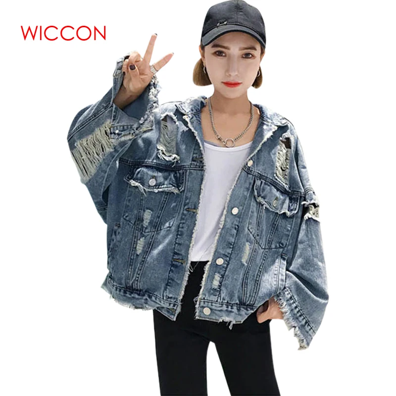 

Spring Blue Lace Up Back Classic Denim Jacket 2019 New Autumn Single Breasted Casual Hole Tops Women Coats and Jackets