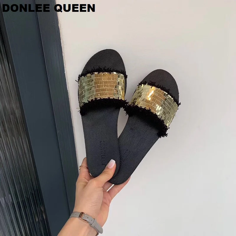 DONLEE QUEEN/женские шлепанцы блестящие тканевые с блестками женская повседневная