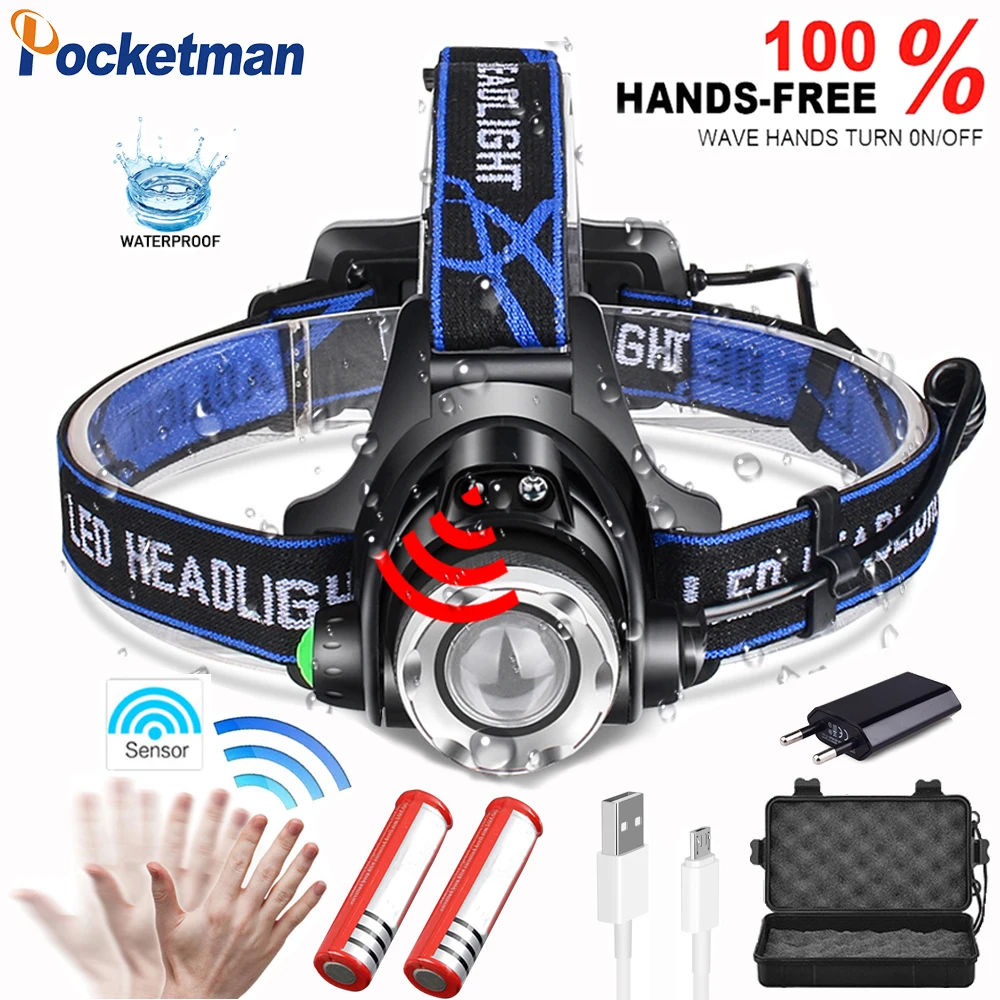 

Sensor 15000 Lumen V6 LED headlamp Zoomable Waterproof fishing headlight T6/L2 3 modes Head Torch flashlight Head lamp use 18650