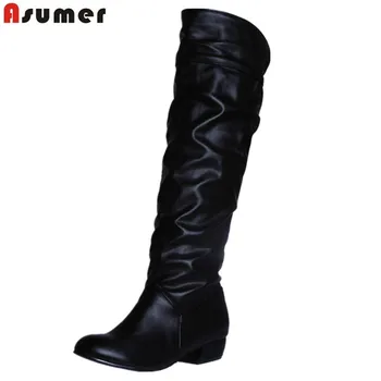 

Asumer fashion hot sale new arrive women boots black white brown low heel knee boots slip on autumn winter ladies high boots