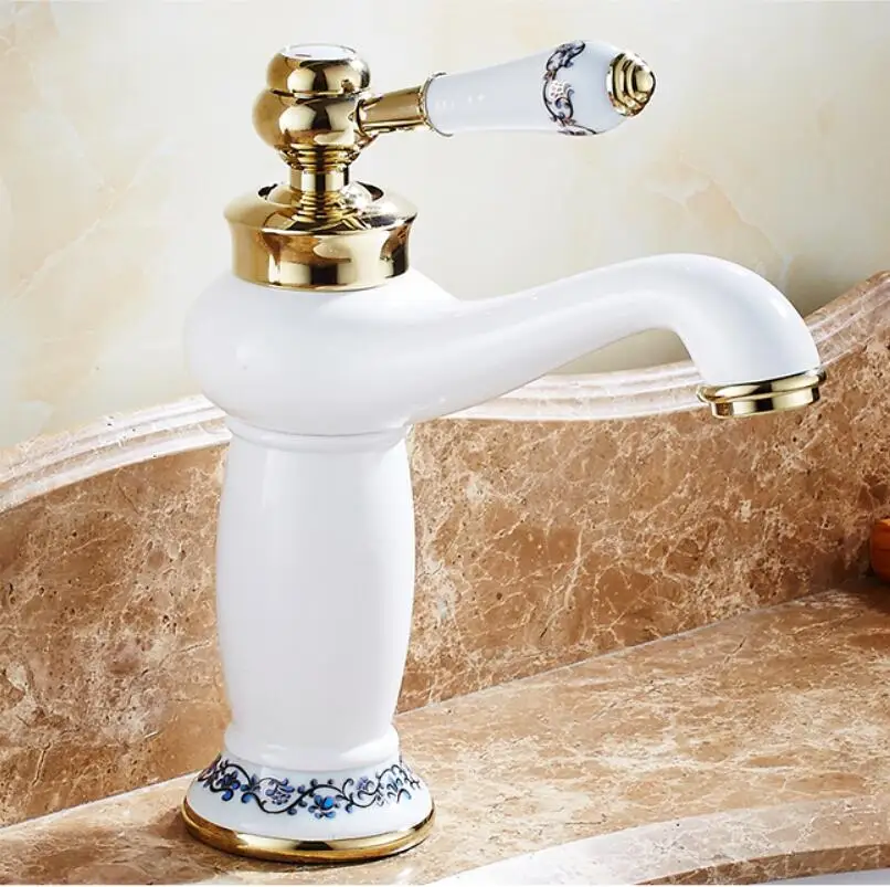 Basin Faucet Gold and White Wash basin Faucet Luxury Bathroom Basin Taps Single Handle Vanity Single Hole Mixer Water Taps