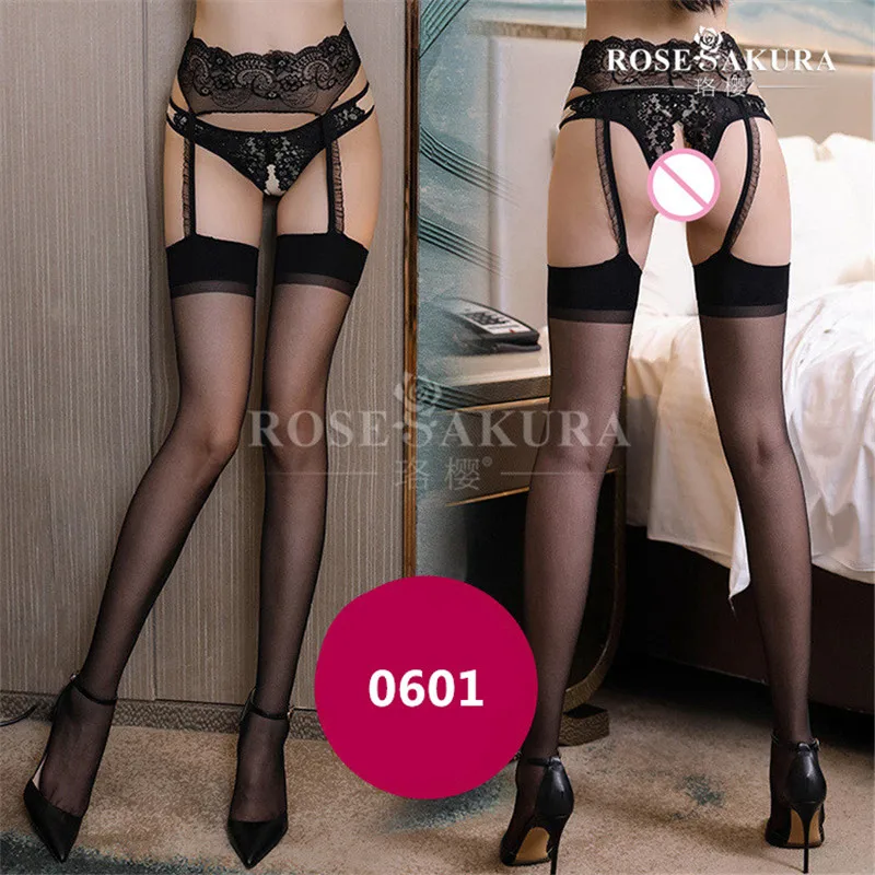 Women Sexy Garter Belt Stockings In One Thigh High Socks Transparent Silk Lace Black Stockings Jarretelles Sexy Knee Socks 0601