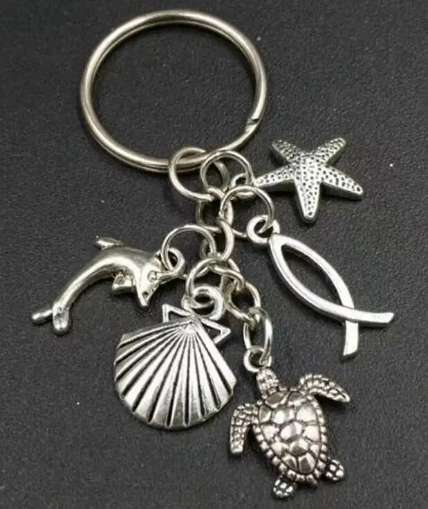 

Octopus & Seashell & Starfish Dolphin Turtle Charm DIY Keychain,Silver Tone Key Chain Keyring Fashion Pendant Jewelry Gift