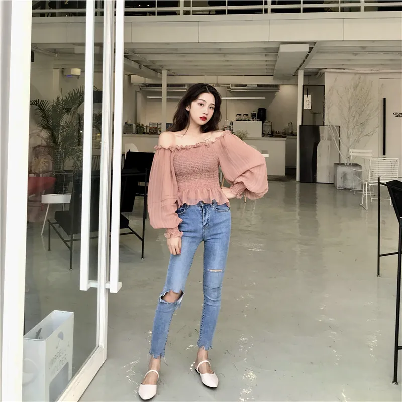 Shirts Women Slash Neck Lace Full Short Simple Elegant Ladies Korean Style Shirt Womens Slim Soft Chiffon Lantern Sleeve Shirt