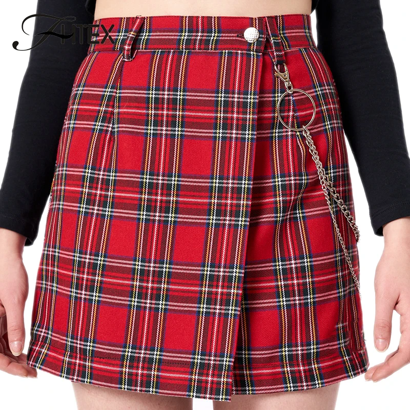 

FHTEX Red Plaid Chain A Line Summer Skirts Women High Waist Slim Casual Skirts Slim Mini Skirts
