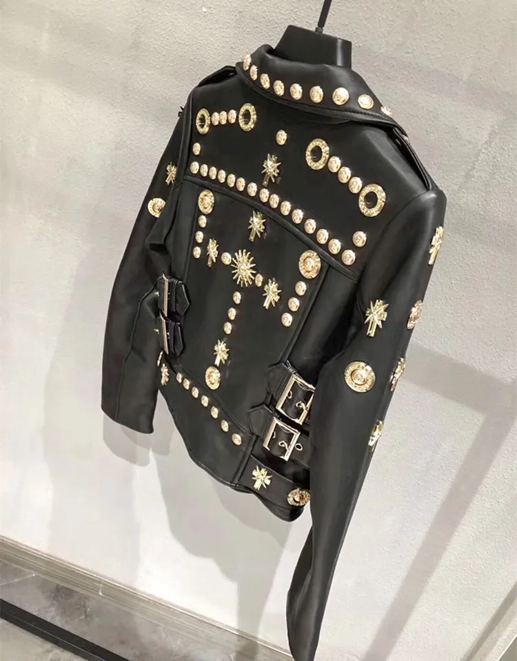 European style women's rivets jackets coat 2019 spring real leather biker jackets High quality sheepskin coat G152