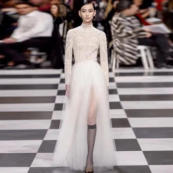 

Elegant White Maxi Women Dress New Style Fashion Long Sleeve Bodycon Lace Wedding Party Dress Celebrity Show Vestidos Wholesale