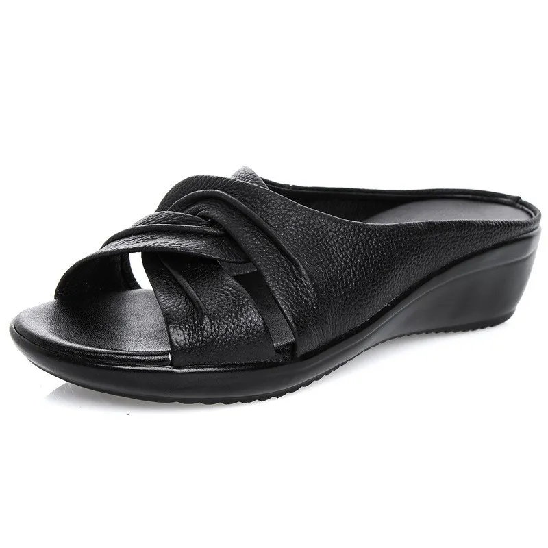 

Summer Slides Women Slip On Cow Leather Shoes Platform Sandals Open Toe Slippers Fish Mouth Fashion Leisure Shoes High Heels