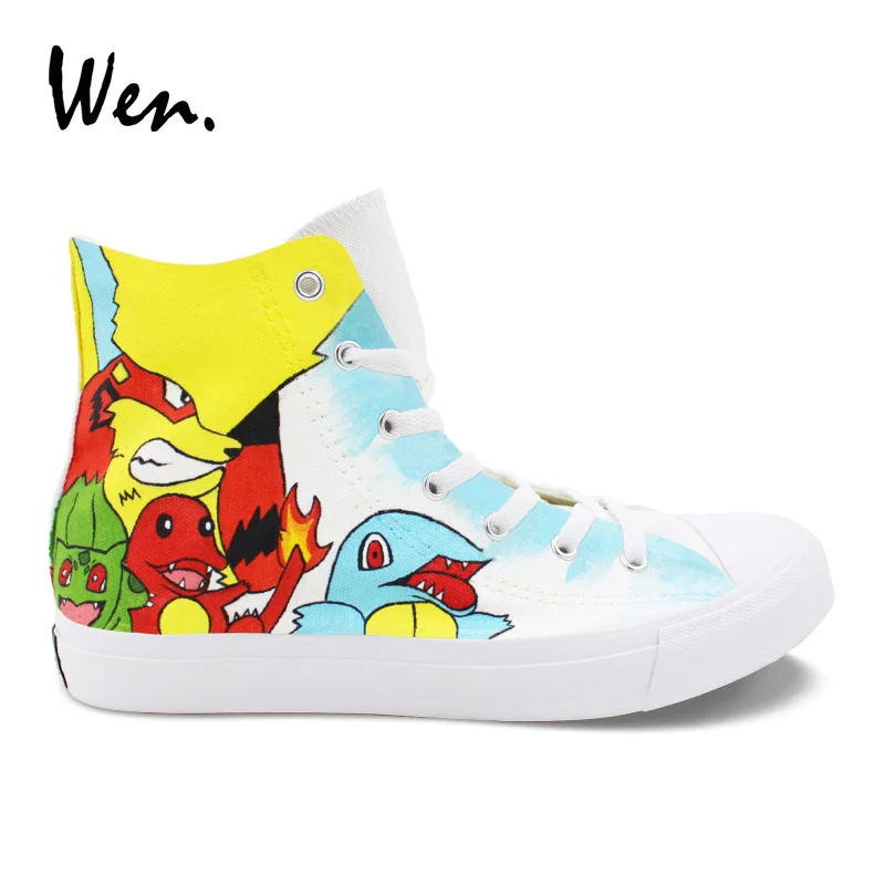 Wen Pocket Monster High Top Sneakers Custom Design Hand Painted Pokemon Anime Characters Boys Girls Canvas Shoes Skateboarding