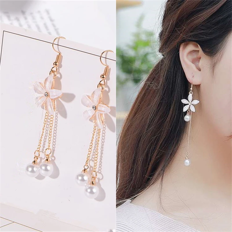

2018 Fashion Clear Crystal Five-leaf Flower Long Statement Metal Chain Tassel Simulated Pearl Drop Earrings For Women Jewelry