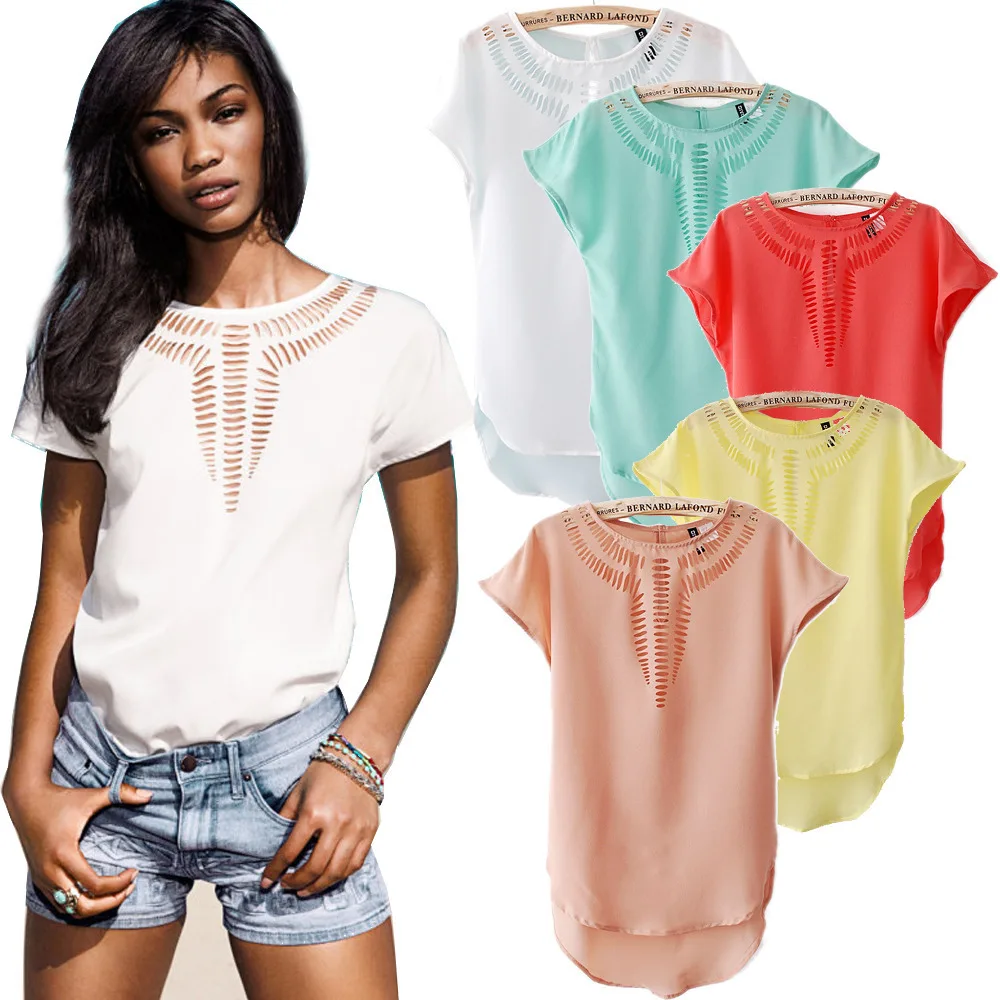 New 2015 Spring Summer Women's Chiffon Hollow Out T-shirt Curved Short Sleeve T Shirt Tops for Women Vintage Clothing 1pcs/lot | Мужская