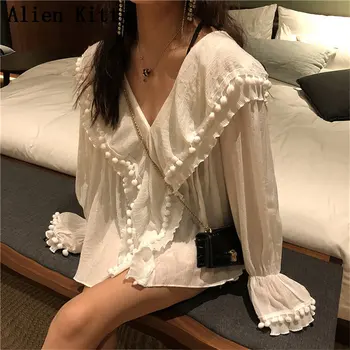

Alien Kitty New Ruffles Summer Thin V-Neck Solid Elegant Simple Sweet Fresh Long Sleeves High Quality Female Chiffon Shirts
